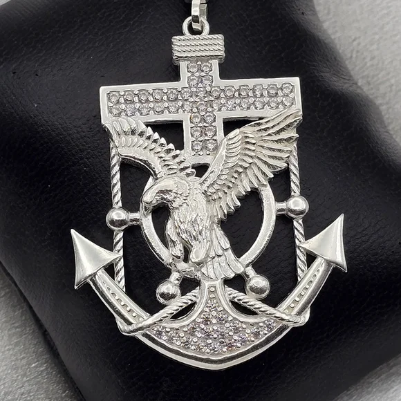 Luxury Sterling Silver 925 CZ Cross, Eagle, & Anchor Pendant